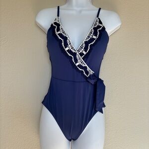 Becca by Rebecca Virtue One Piece Swimsuit Scallop Crochet Blue Women's Size S